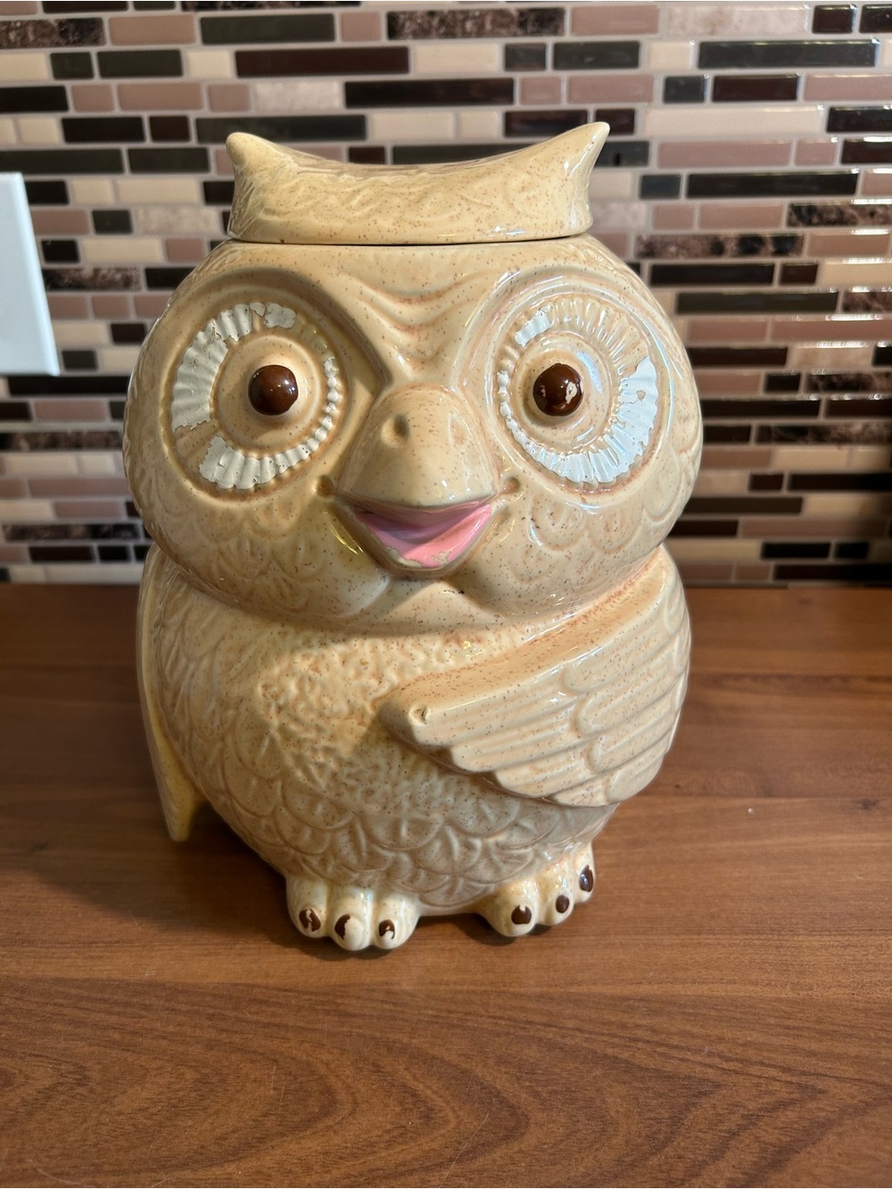 Vintage 1960’s McCoy Owl Cookie Jar - Beige with Pink Beak